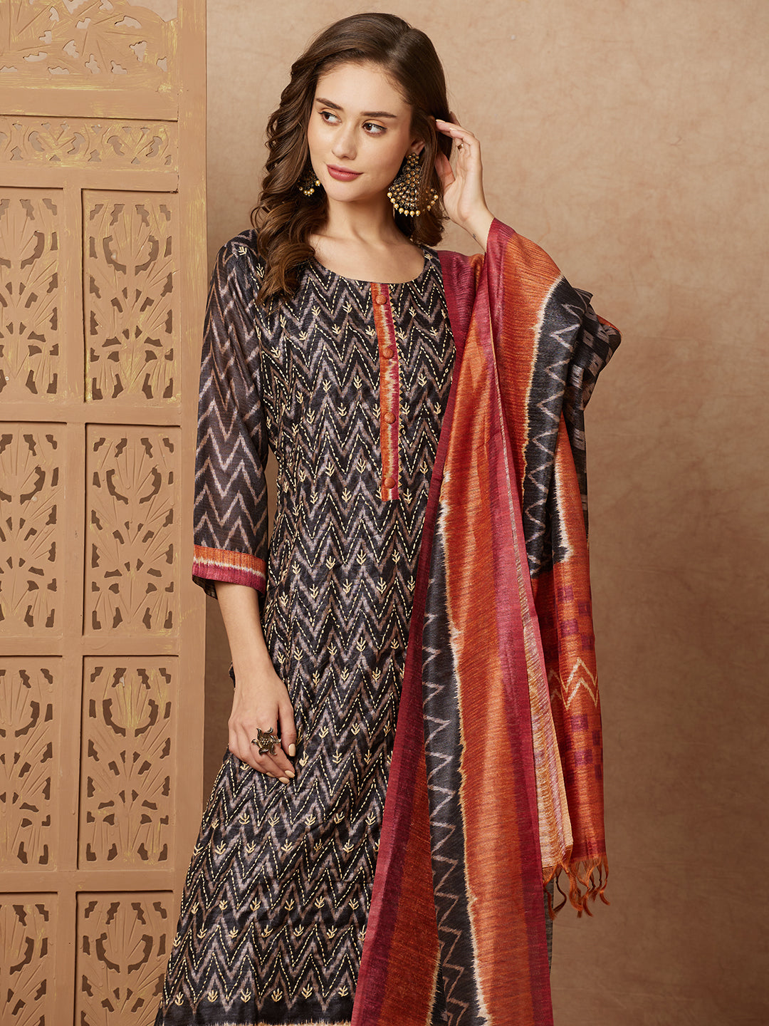 Ethnic Chevron Printed & Kantha Embroidered Straight Fit Kurta with Pant and Dupatta - Black