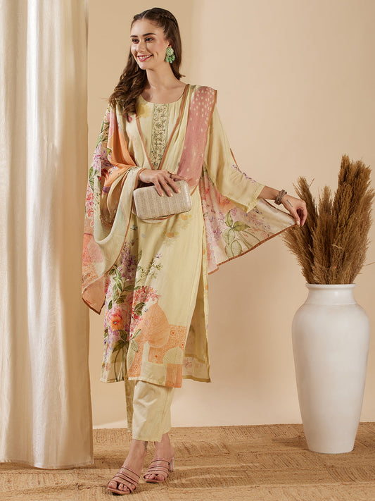 Abstract Floral Printed & Hand Embroidered Kurta with Pant & Dupatta - Cream