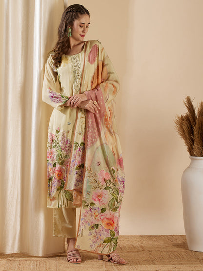 Abstract Floral Printed & Hand Embroidered Kurta with Pant & Dupatta - Cream