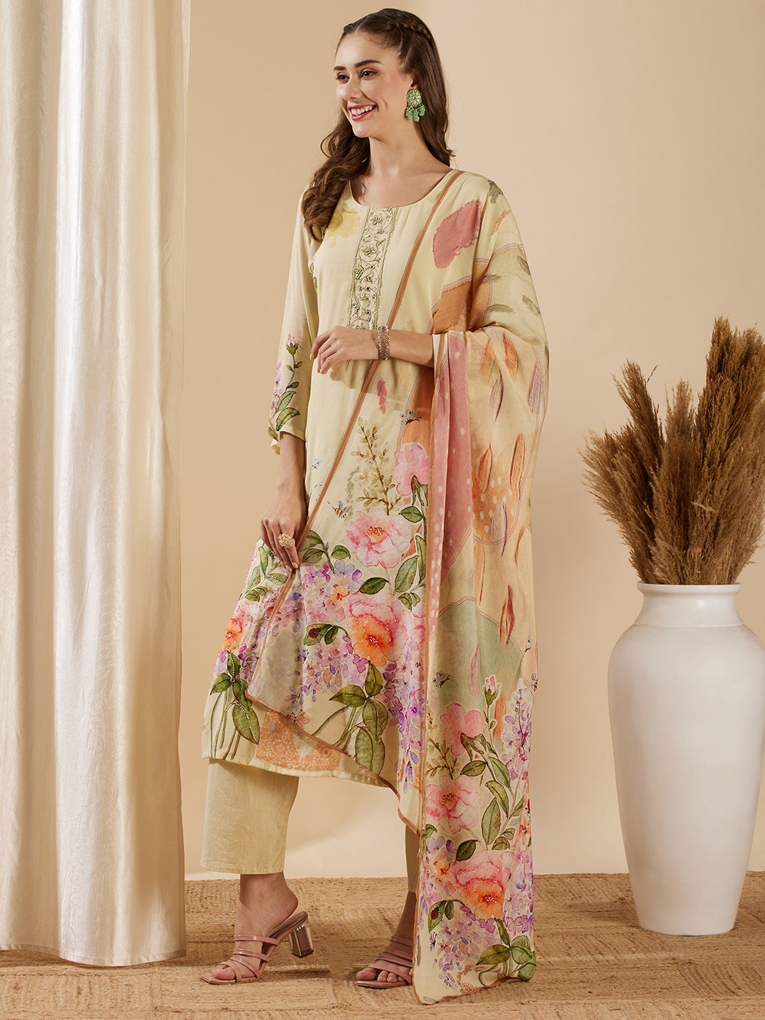 Abstract Floral Printed & Hand Embroidered Kurta with Pant & Dupatta - Cream