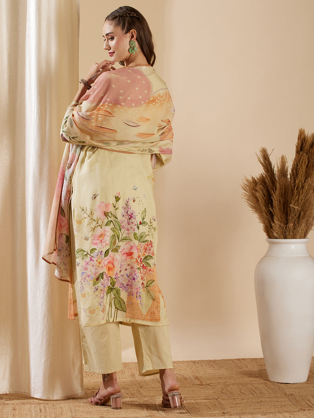 Abstract Floral Printed & Hand Embroidered Kurta with Pant & Dupatta - Cream