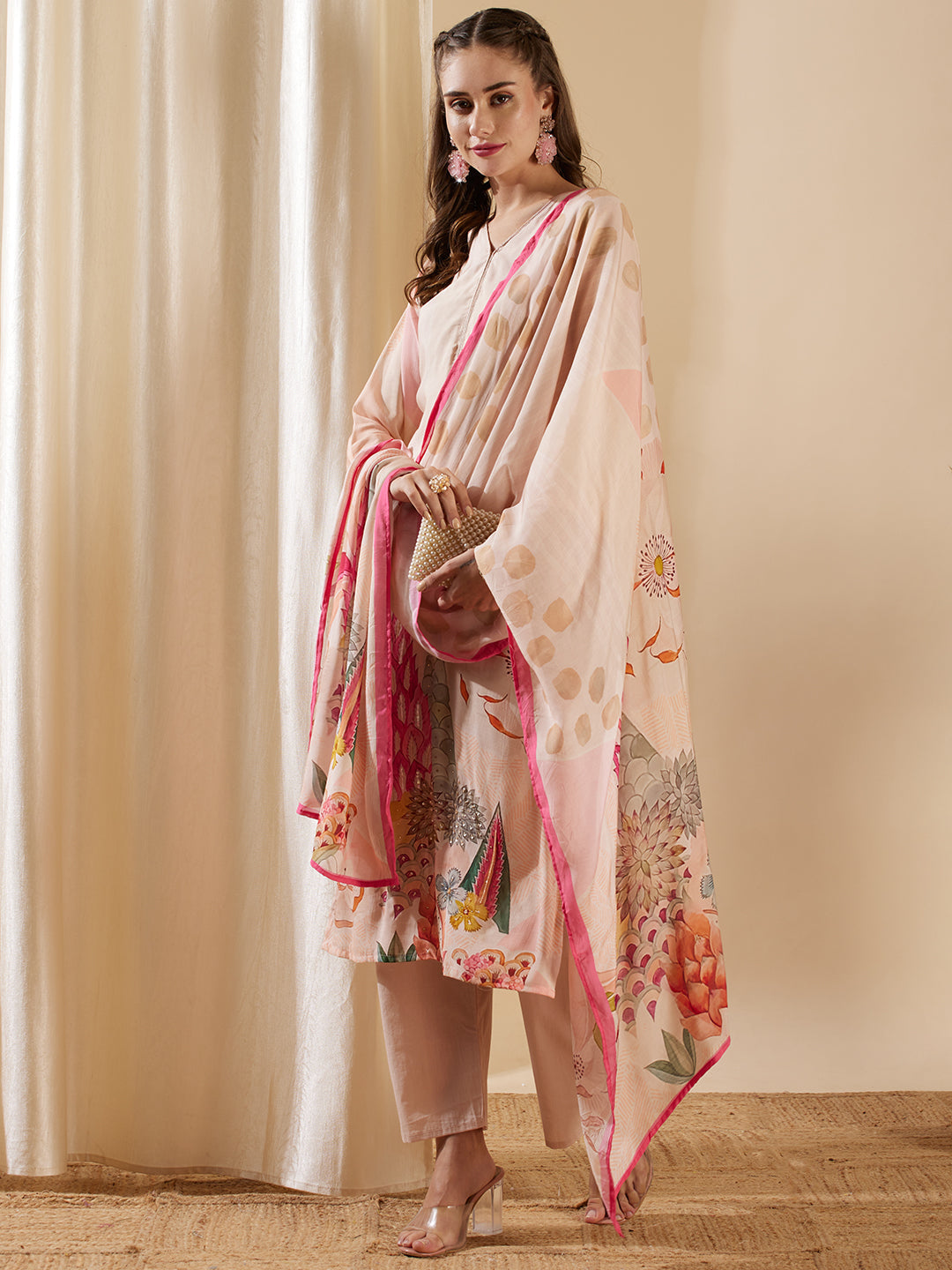 Floral Abstract Printed & Embroidered Straight Kurta with Pant & Dupatta - Rose Gold