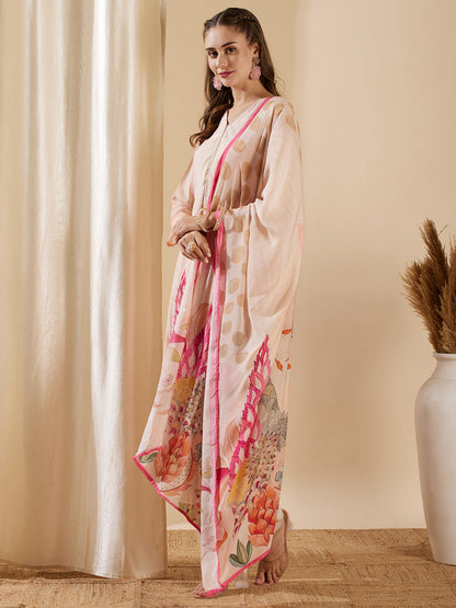 Floral Abstract Printed & Embroidered Straight Kurta with Pant & Dupatta - Rose Gold