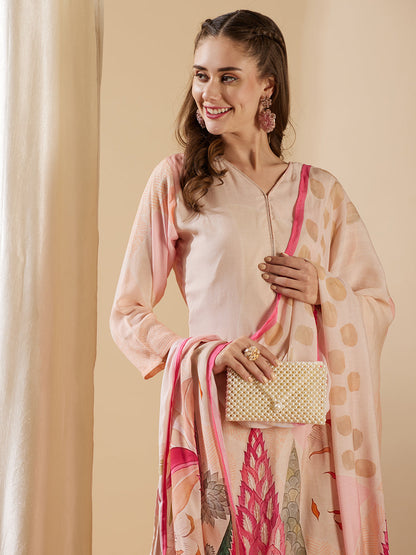 Floral Abstract Printed & Embroidered Straight Kurta with Pant & Dupatta - Rose Gold