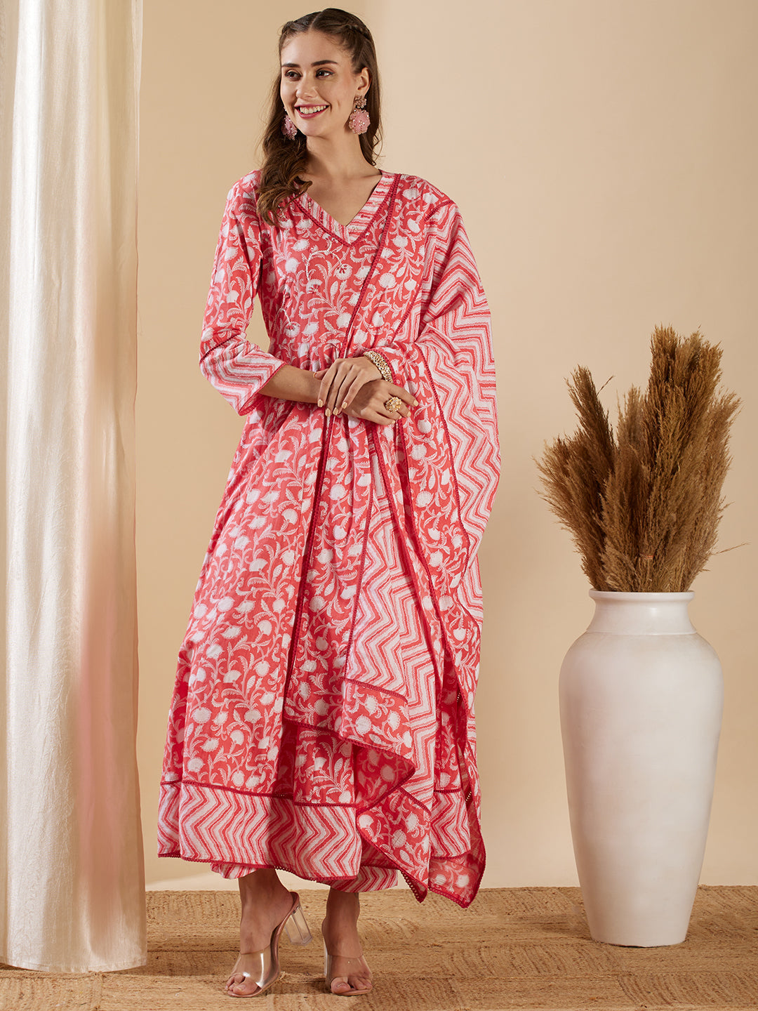 Floral Printed & Hand Embroidered Anarkali with Pant & Pure Cotton Dupatta - Pink