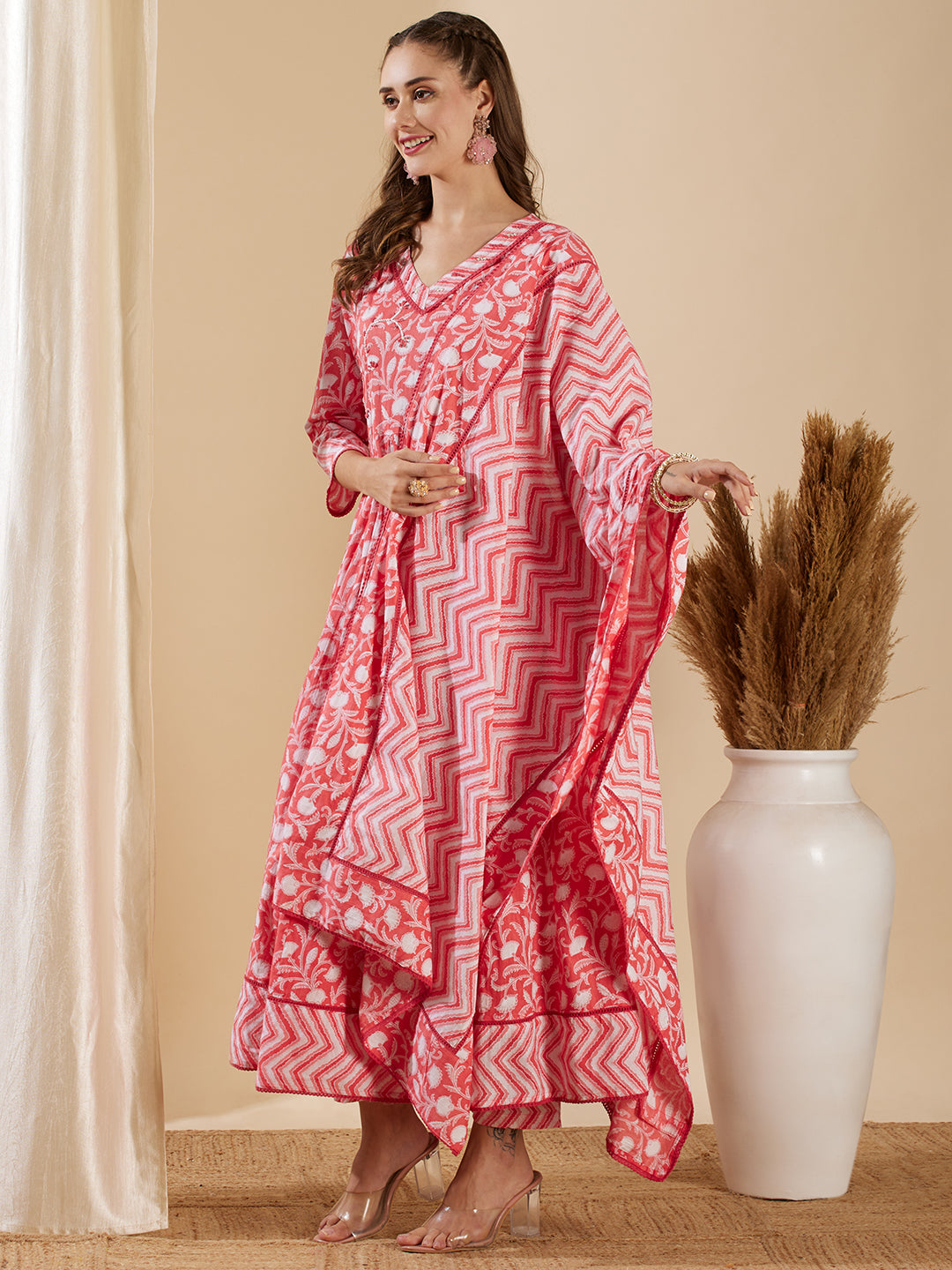 Floral Printed & Hand Embroidered Anarkali with Pant & Pure Cotton Dupatta - Pink