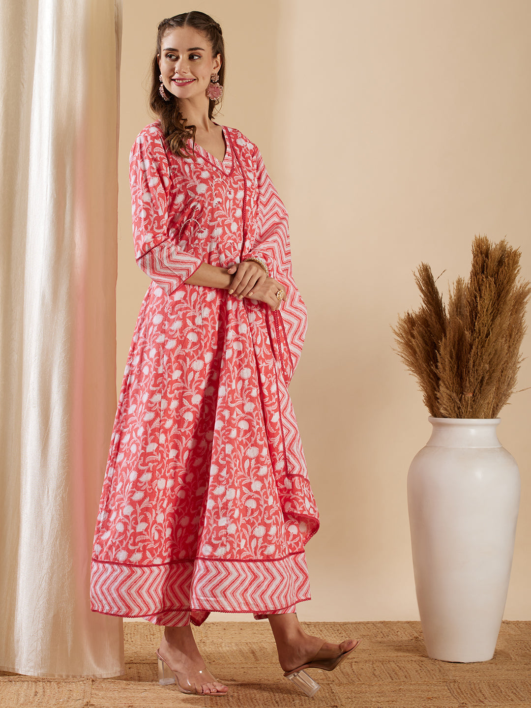 Floral Printed & Hand Embroidered Anarkali with Pant & Pure Cotton Dupatta - Pink