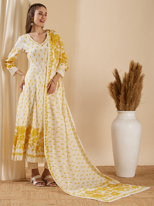 Floral Printed & Embroidered Anarkali with Pant & Pure Cotton Dupatta - Cream