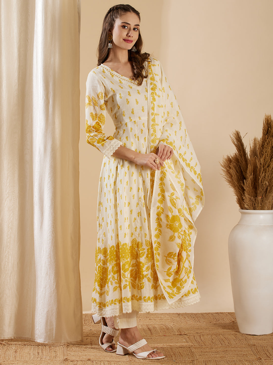 Floral Printed & Embroidered Anarkali with Pant & Pure Cotton Dupatta - Cream