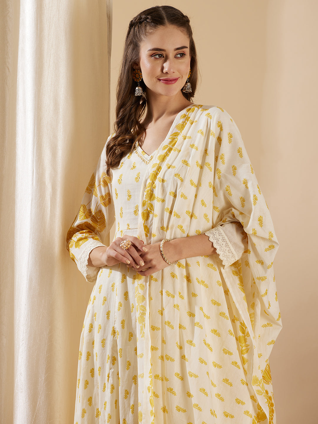 Floral Printed & Embroidered Anarkali with Pant & Pure Cotton Dupatta - Cream