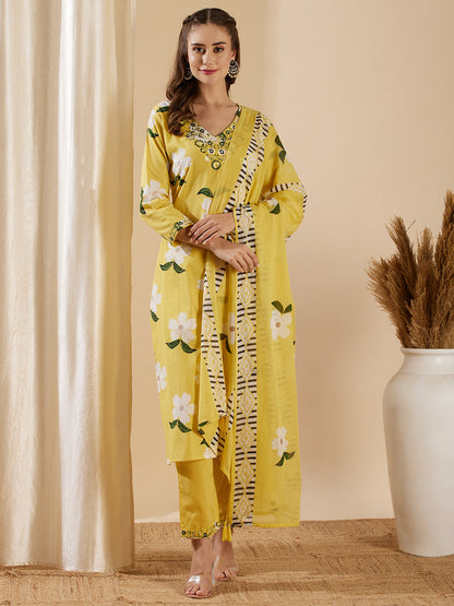 Floral Foil Printed & Embroidered & Kurta with Pant & Pure Cotton Dupatta - Yellow