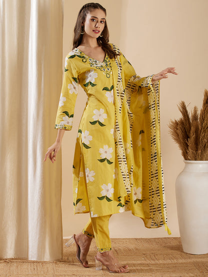 Floral Foil Printed & Embroidered & Kurta with Pant & Pure Cotton Dupatta - Yellow