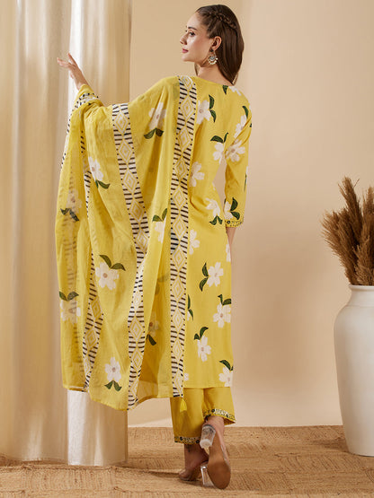 Floral Foil Printed & Embroidered & Kurta with Pant & Pure Cotton Dupatta - Yellow