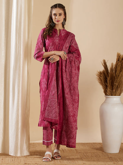 Ethnic Leaf Printed & Embroidered Straight Kurta with Pant & Dupatta - Magenta