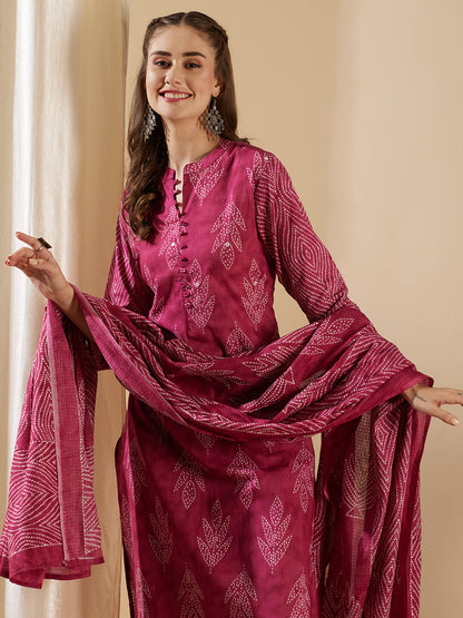 Ethnic Leaf Printed & Embroidered Straight Kurta with Pant & Dupatta - Magenta