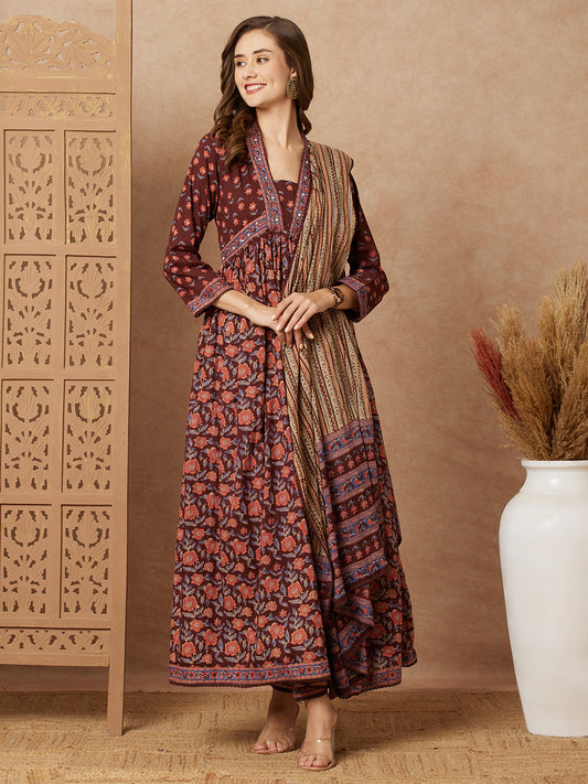 Floral Printed & Embroidered A-Line Pleated Kurta with Pant and Dupatta - Brown