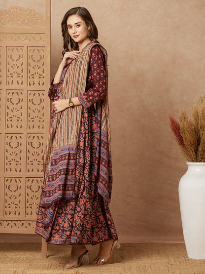 Floral Printed & Embroidered A-Line Pleated Kurta with Pant and Dupatta - Brown