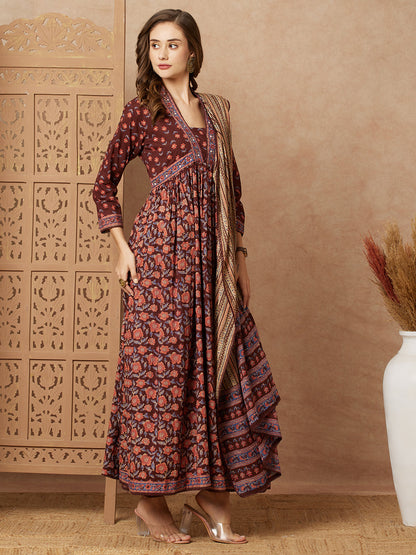 Floral Printed & Embroidered A-Line Pleated Kurta with Pant and Dupatta - Brown