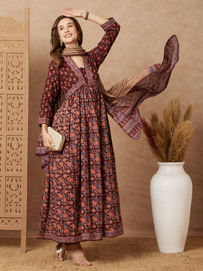 Floral Printed & Embroidered A-Line Pleated Kurta with Pant and Dupatta - Brown