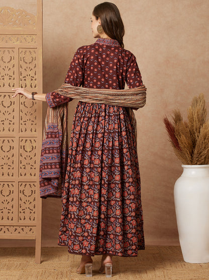 Floral Printed & Embroidered A-Line Pleated Kurta with Pant and Dupatta - Brown