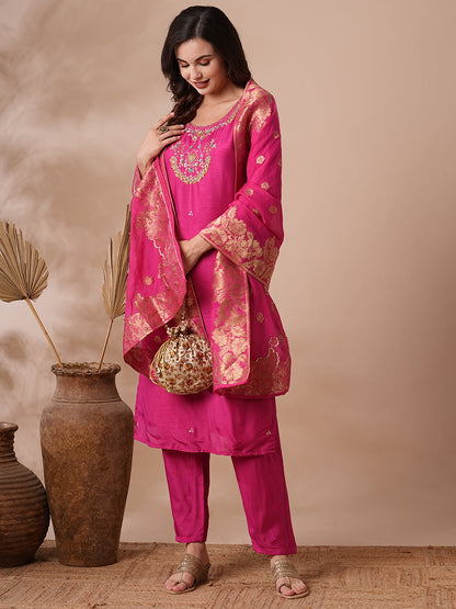 Floral Hand Embroidered Straight Kurta with Pant & Dupatta - Pink