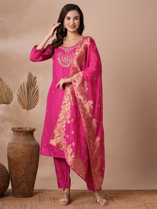 Floral Hand Embroidered Straight Kurta with Pant & Dupatta - Pink