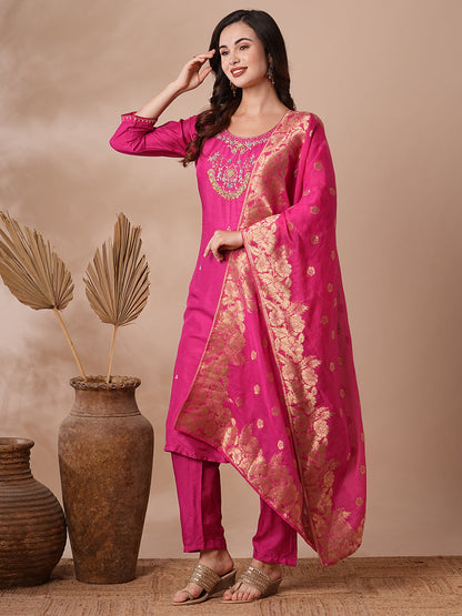 Floral Hand Embroidered Straight Kurta with Pant & Dupatta - Pink