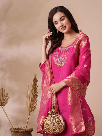 Floral Hand Embroidered Straight Kurta with Pant & Dupatta - Pink