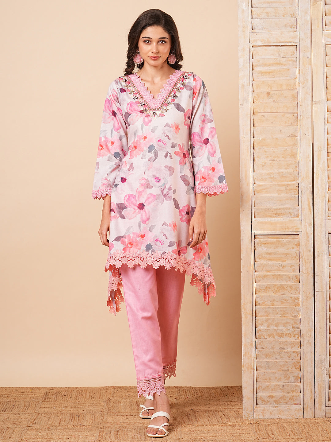 Floral Foil Printed & Embroidered A-Line High-Low Kurta with Pant - Off White