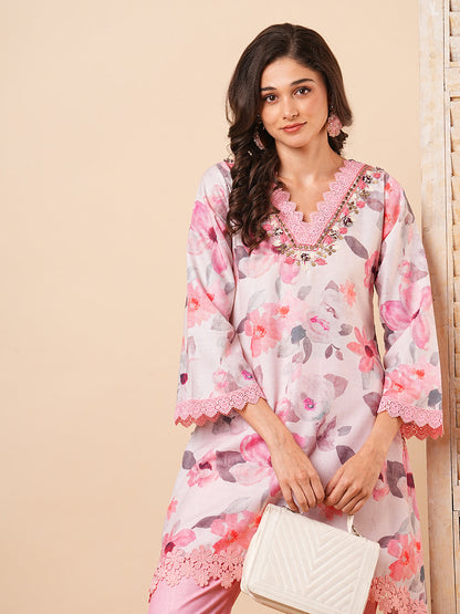 Floral Foil Printed & Embroidered A-Line High-Low Kurta with Pant - Off White