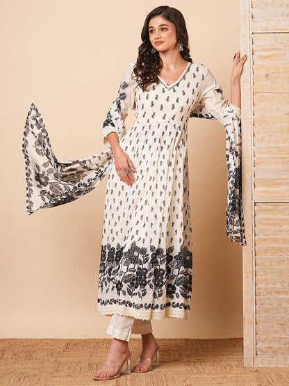 Floral Printed & Embroidered Anarkali with Pant & Pure Cotton Dupatta - Off White