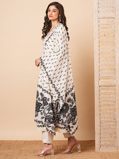 Floral Printed & Embroidered Anarkali with Pant & Pure Cotton Dupatta - Off White