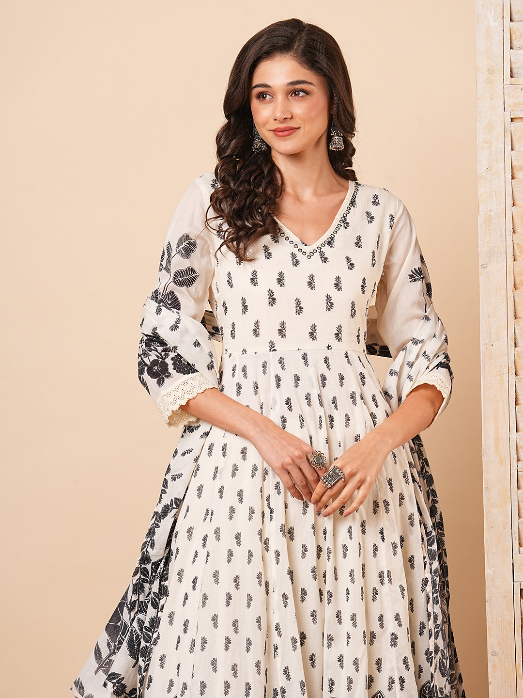 Floral Printed & Embroidered Anarkali with Pant & Pure Cotton Dupatta - Off White