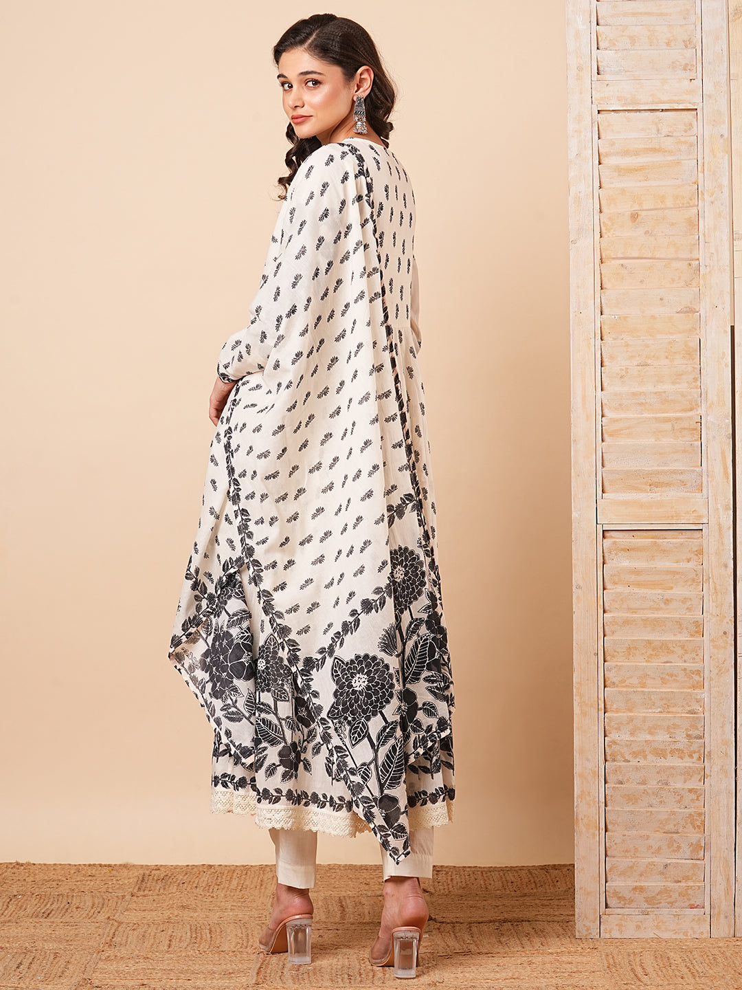 Floral Printed & Embroidered Anarkali with Pant & Pure Cotton Dupatta - Off White