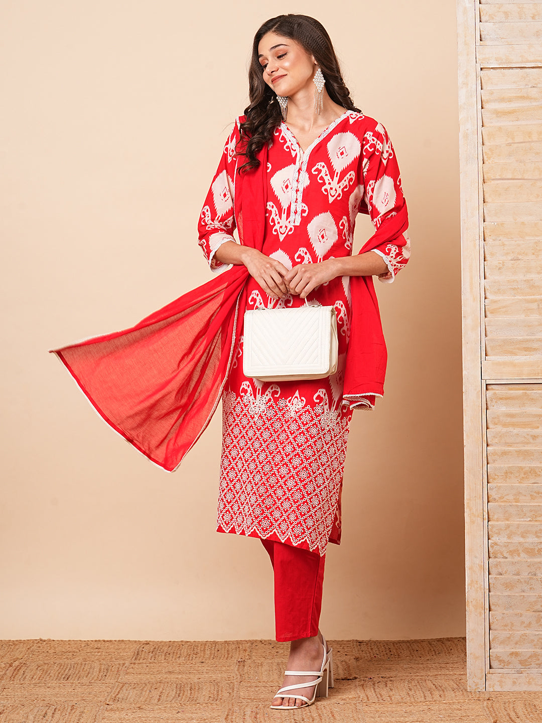 Ethnic Ikat Printed Schiffli Embroidered Straight Kurta with Pant & Dupatta - Red