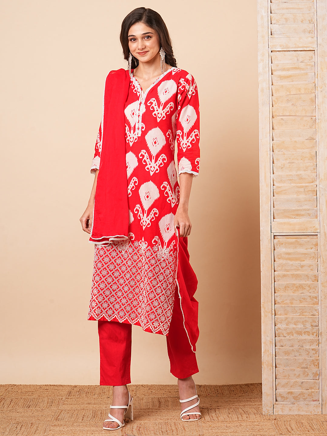 Ethnic Ikat Printed Schiffli Embroidered Straight Kurta with Pant & Dupatta - Red