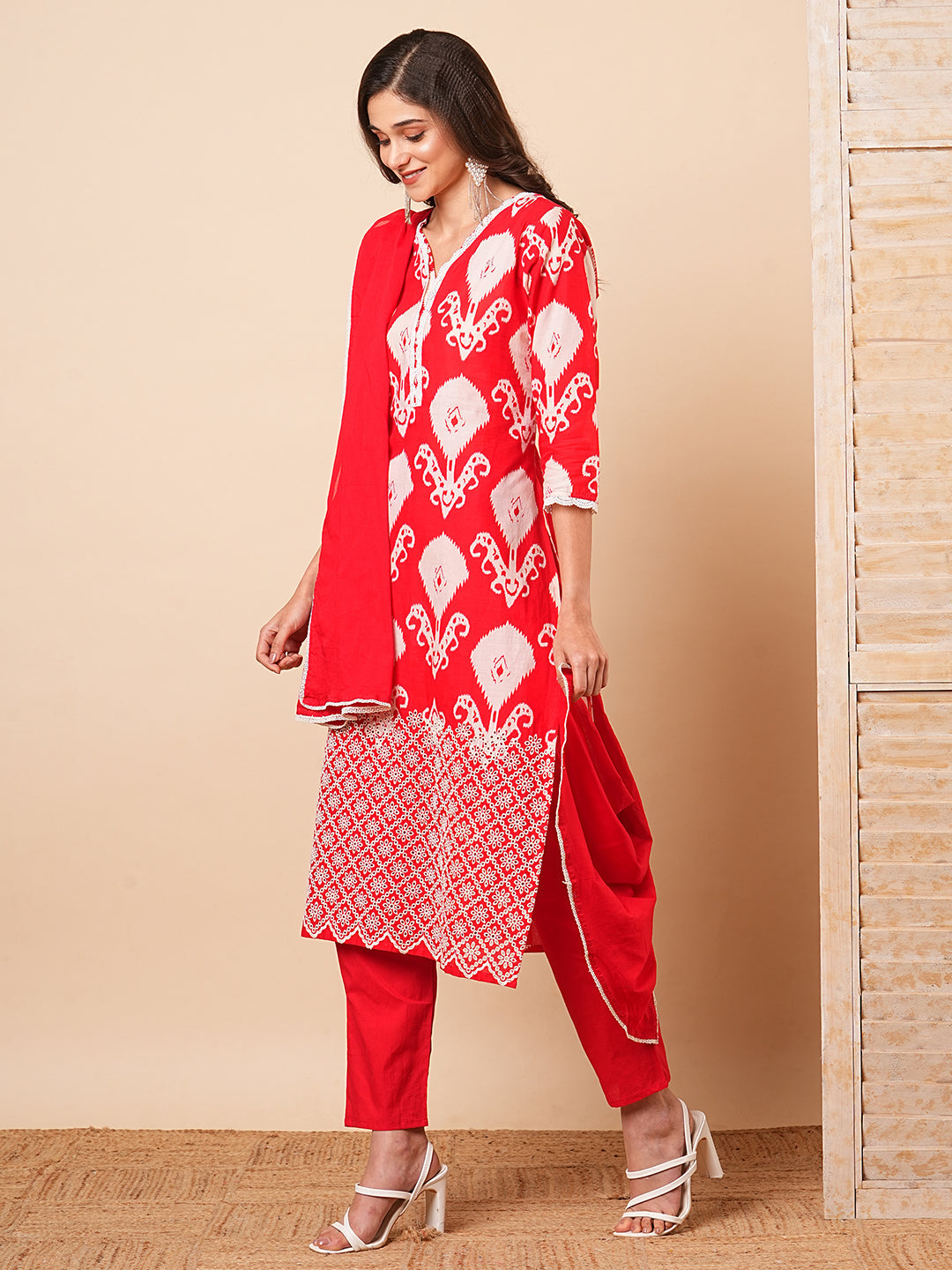 Ethnic Ikat Printed Schiffli Embroidered Straight Kurta with Pant & Dupatta - Red