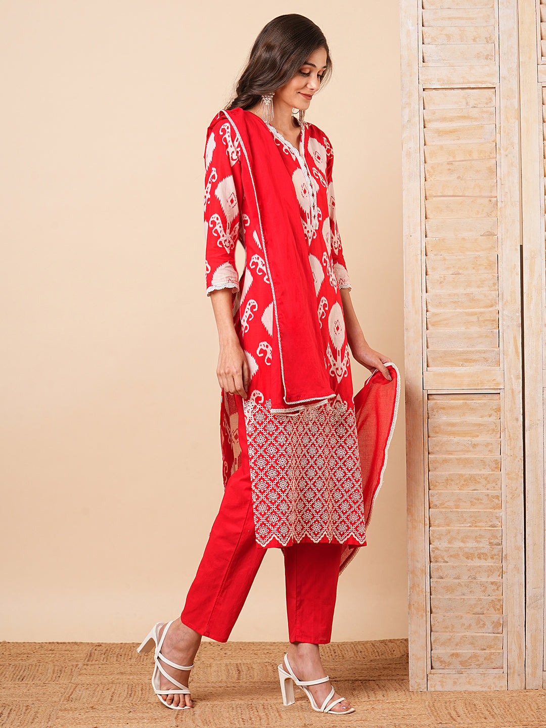 Ethnic Ikat Printed Schiffli Embroidered Straight Kurta with Pant & Dupatta - Red