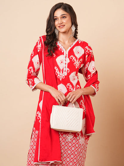 Ethnic Ikat Printed Schiffli Embroidered Straight Kurta with Pant & Dupatta - Red