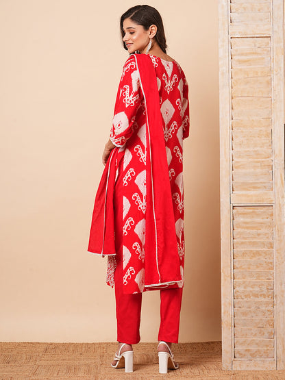 Ethnic Ikat Printed Schiffli Embroidered Straight Kurta with Pant & Dupatta - Red