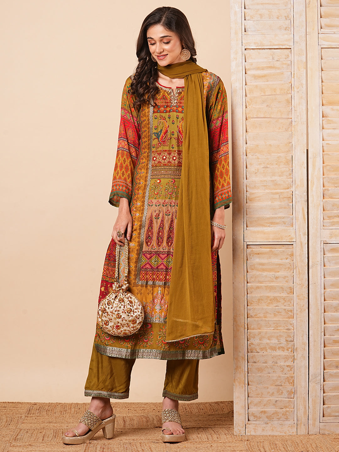 Floral Ethnic Printed & Hand Embroidered Straight Kurta with Pant & Dupatta - Green