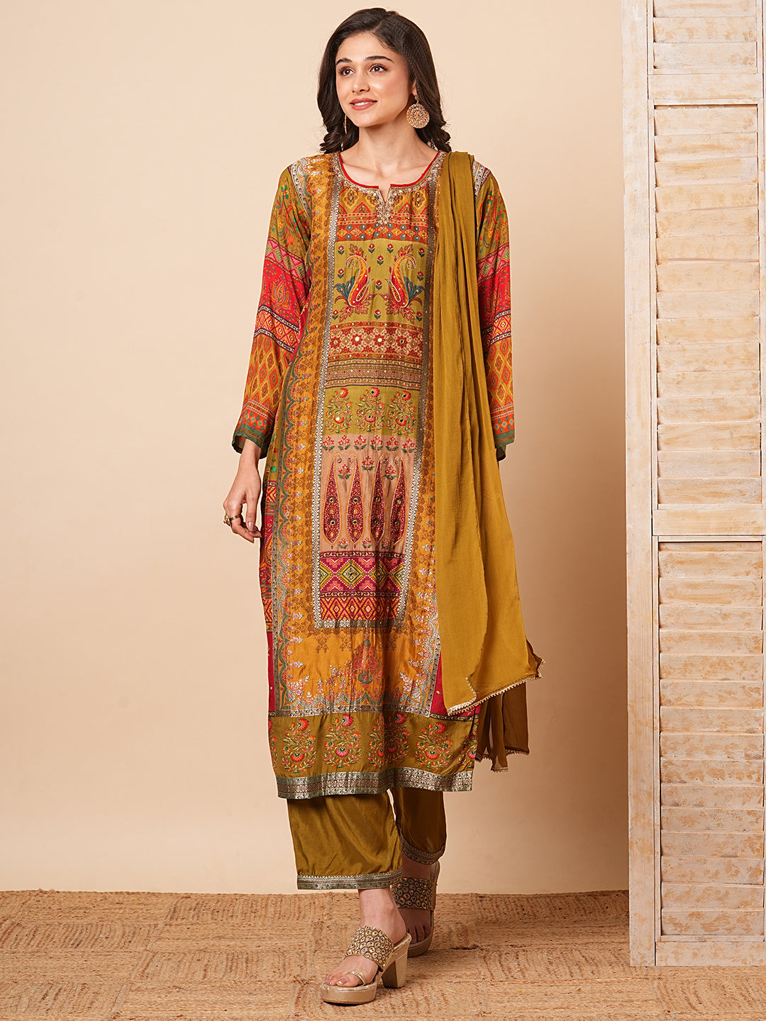 Floral Ethnic Printed & Hand Embroidered Straight Kurta with Pant & Dupatta - Green