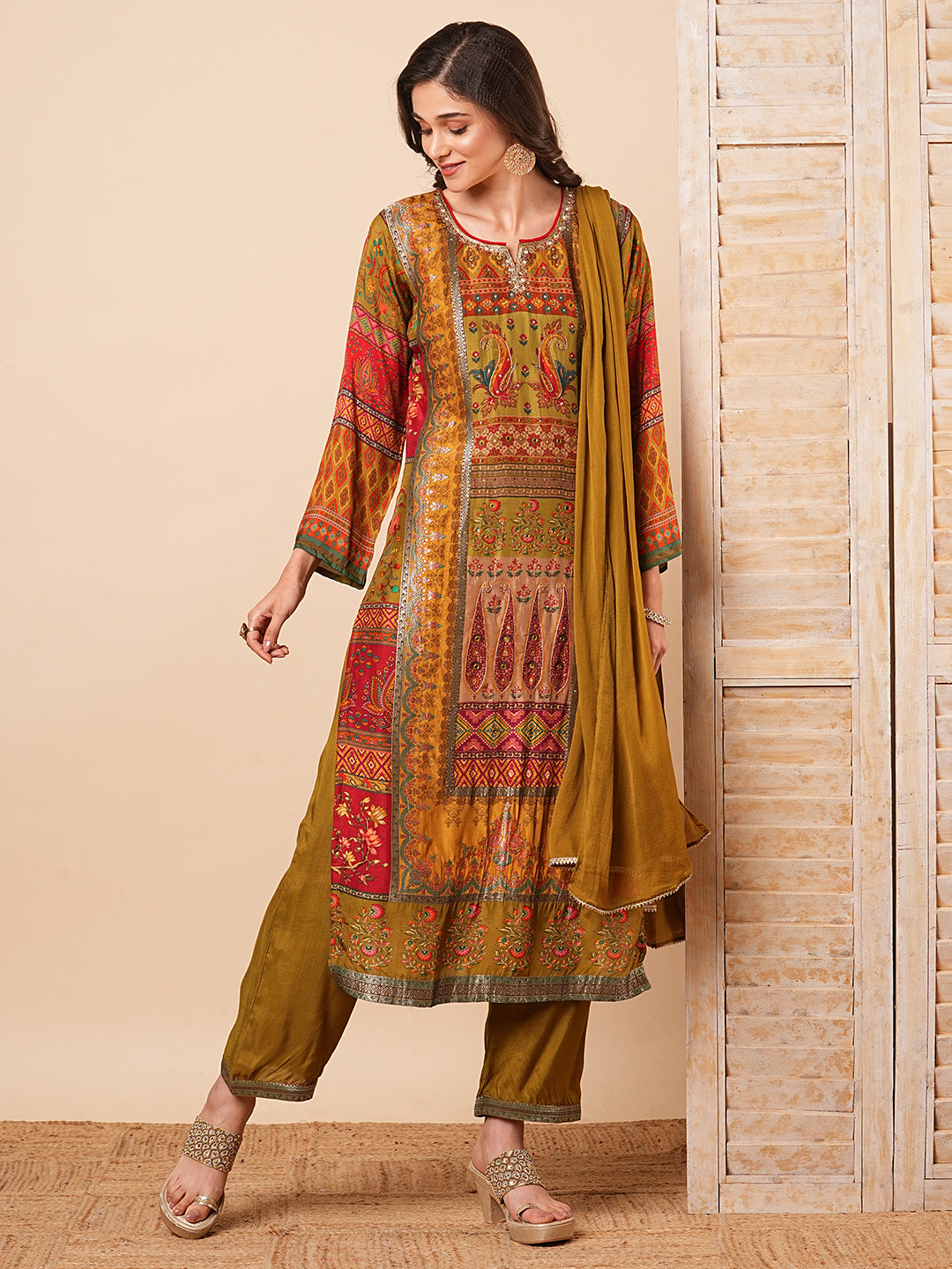 Floral Ethnic Printed & Hand Embroidered Straight Kurta with Pant & Dupatta - Green