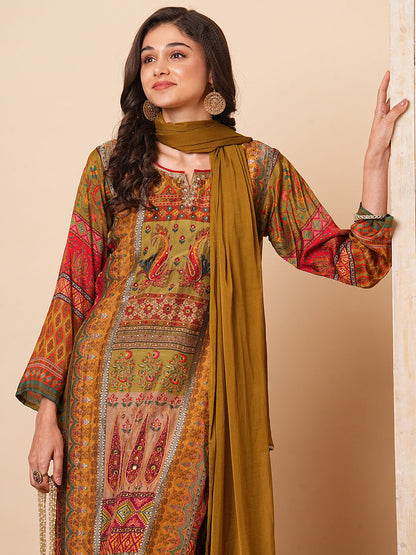 Floral Ethnic Printed & Hand Embroidered Straight Kurta with Pant & Dupatta - Green