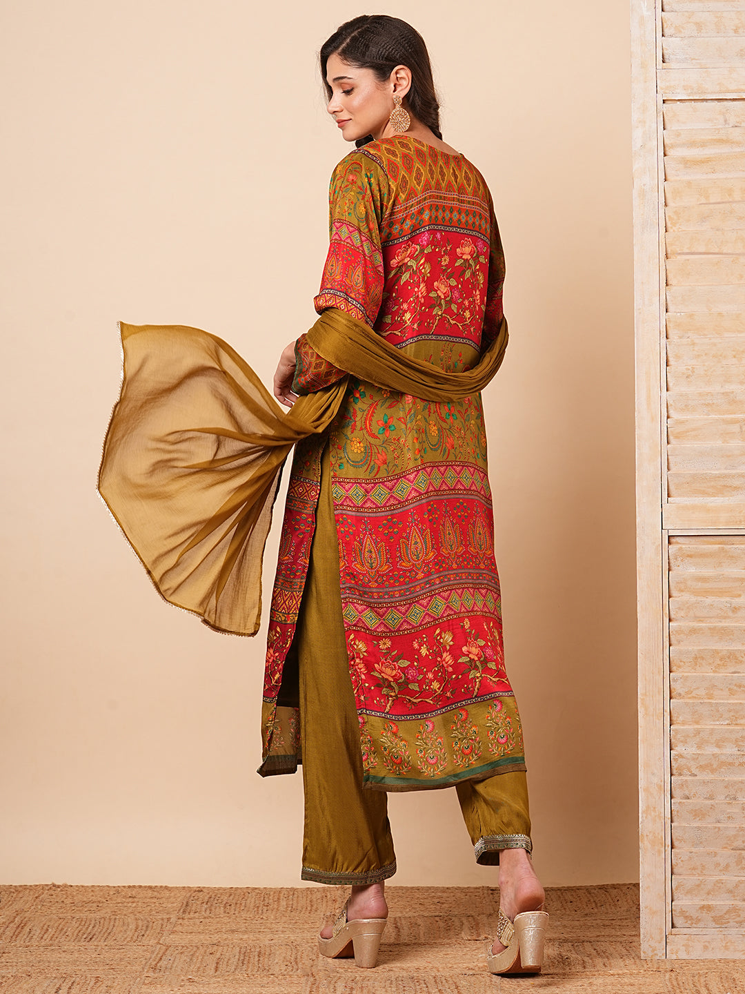 Floral Ethnic Printed & Hand Embroidered Straight Kurta with Pant & Dupatta - Green