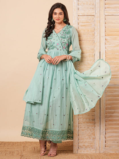 Floral Embroidered A-Line Pleated Kurta with Pant & Dupatta - Mint Green