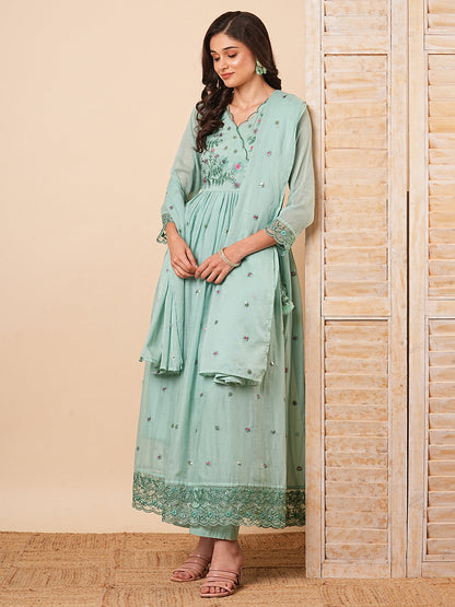 Floral Embroidered A-Line Pleated Kurta with Pant & Dupatta - Mint Green