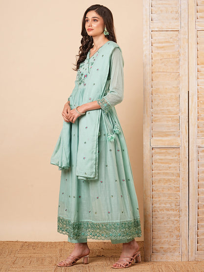 Floral Embroidered A-Line Pleated Kurta with Pant & Dupatta - Mint Green