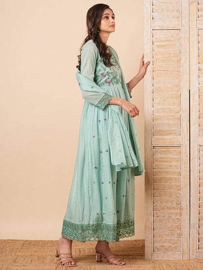 Floral Embroidered A-Line Pleated Kurta with Pant & Dupatta - Mint Green