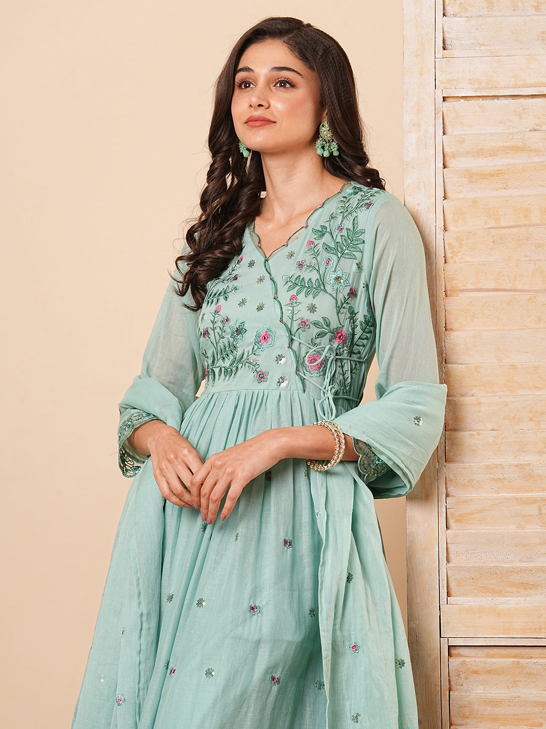 Floral Embroidered A-Line Pleated Kurta with Pant & Dupatta - Mint Green